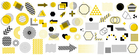 Collection of geometric shapes. Memphis design. Abstract icon. Black and yellow element. Vector illustration. Stock image.のイラスト素材