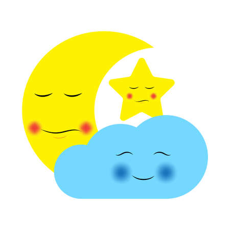 Cute cloud, star and moon. Cartoon style. Yellow and blue elements. Typography design. Vector illustration. Stock image.のイラスト素材