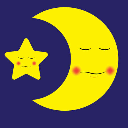 Sleepy moon and star. Yellow elements on blue background. Good night. Kids picture. Vector illustration. Stock image.のイラスト素材