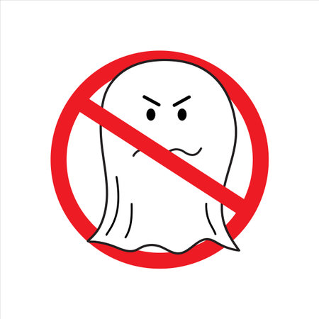 No ghost sign. Red circle. Prohibited icon. Cartoon style. Monster picture. Hand drawn. Vector illustration. Stock image.のイラスト素材