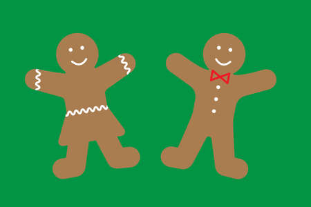 Christmas gingerbread icon. Green background. Happy boy and girl. Celebration cookies. Vector illustration. Stock image.のイラスト素材