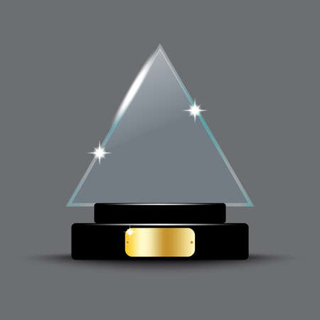 Shiny glass trophy triangle. Hand art. Winner concept. Abstract element. Gray backdrop. Vector illustration. Stock image.のイラスト素材