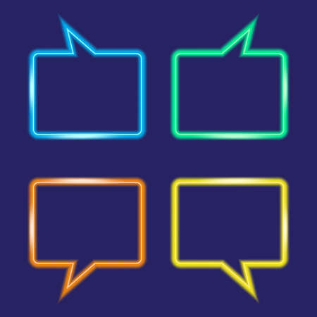 Neon square dialog chat icons. Blue background. Orange, yellow, green, blue figures. Vector illustration. Stock image.のイラスト素材