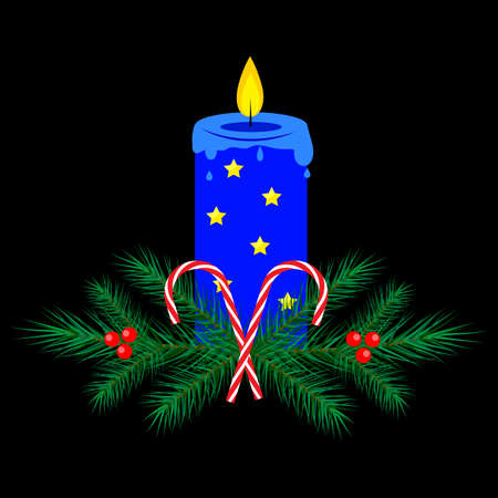 Blue christmas candle. Black background. Cartoon art. Advent symbol. Holiday decoration. Vector illustration. Stock image.のイラスト素材