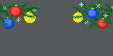 Twig of spruce. Dark background. Holiday design. Christmas decoration. Glass toys. Vector illustration. Stock image.のイラスト素材