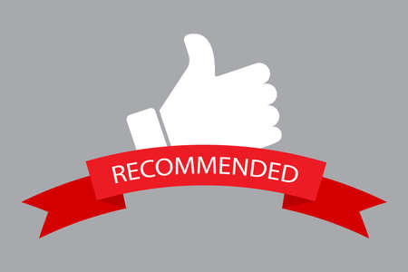 Recommended symbol. Red ribbon. Colored background. Finger up icon. Marketing concept. Vector illustration. Stock image.のイラスト素材