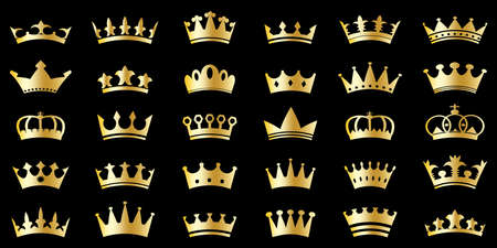 A lot of crowns. Logo art. Modern design. Golden sign. Black background. Hand drawn. Vector illustration. Stock image.のイラスト素材
