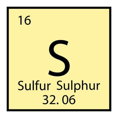 Sulfur chemical icon. Periodic table symbol. Isolated sign. Light yellow background. Vector illustration. Stock image.のイラスト素材