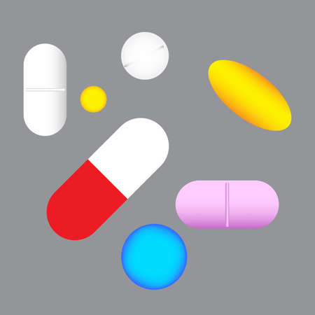 Pills symbols. Colored elements. Medicine sign. Pharmaceutical idea. Dark background. Vector illustration. Stock image.のイラスト素材
