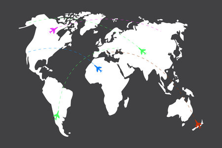 World map with airplane signs. Route icon. Creative travel concept. Black background. Vector...