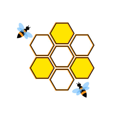 Two bees icon. Golden shapes. Honeycomb symbol. Realistic design. Natural background. Vector illustration. Stock image.のイラスト素材
