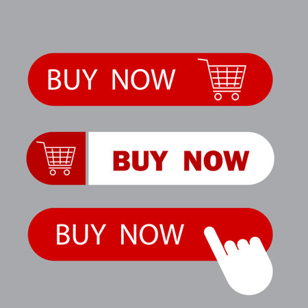 Buy now sign set. Grocery trolley icon. Site button. Online shop. Business concept. Vector illustration. Stock image.のイラスト素材