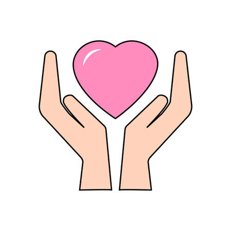Heart on hand sign. Colored symbol. Protecting logo. Care concept. Love background. Vector illustration. Stock image.のイラスト素材