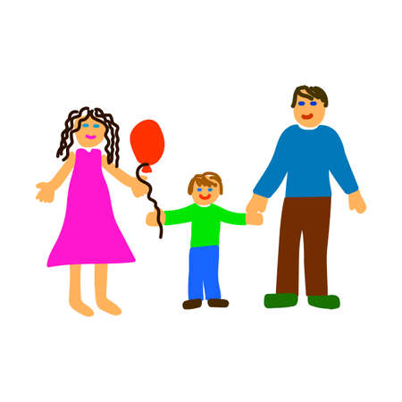 Family kid picture. Hand drawing. Colored sign. Cartoon card. Artistic background. Vector illustration. Stock image.のイラスト素材