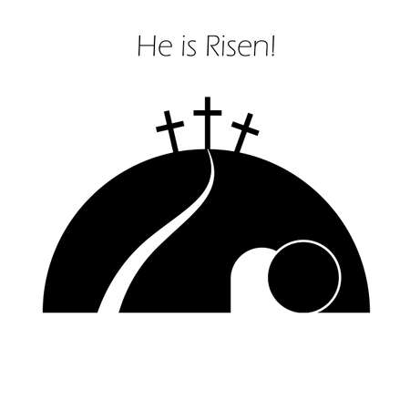 Cartoon cave three crosses. Happy easter. Vector illustration. stock image.のイラスト素材