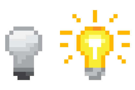 Pixel light bulb in pixel art style. Creative design. Electric power. Business solution concept. Vector illustration. stock image.のイラスト素材