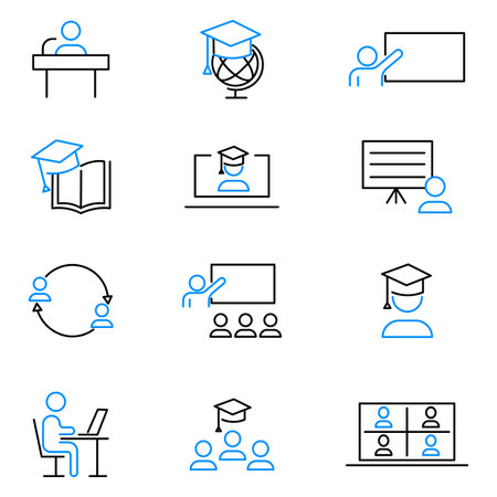 Set of Online Education Related Line Icons. Contains such Icons as Video Tutorial, Ebook, Online Lecture, Education Plan. Vector illustration. Stock image.のイラスト素材