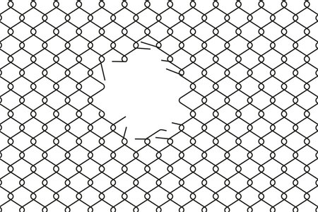Broken wire mesh fence. Cut metal lattice grid. Torn wire pirson mesh texture. Rabitz or chain link fence with cut hole. Vector illustration. EPS 10.のイラスト素材