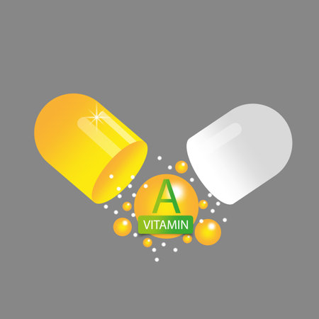 Vitamin A in open yellow capsule. Health pill. Vector illustration. EPS 10.のイラスト素材