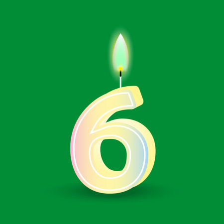 Birthday number six, candle with fire. 3D number 6. Vector illustration. EPS 10.のイラスト素材