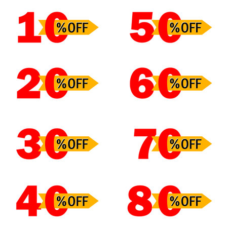 Set of sale tags with different percent off discount. Special offer, big sale, price drop.