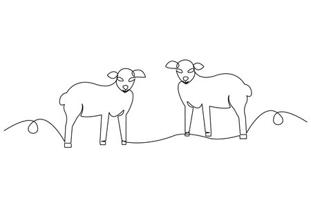 Icon two sheep. Simple line art. Peaceful farm animals. Vector illustration. EPS 10.のイラスト素材