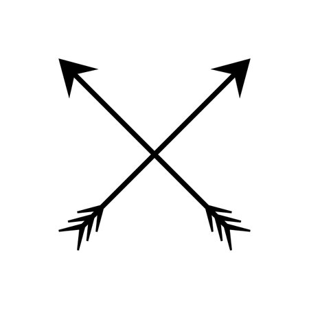 Two black arrows crossed over each other, forming an X shape. Crossed black arrows emblem. Symbol of conflict and intersection. Vector illustration. EPS 10.のイラスト素材