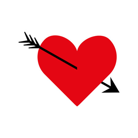 A bold red heart pierced by a black arrow. Pierced red heart. Cupid arrow icon. Symbol of love and romance. Vector illustration. EPS 10.のイラスト素材