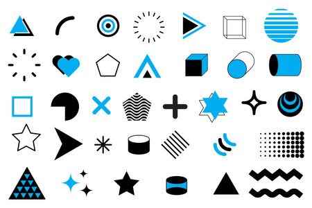 Collection of geometric shapes and design elements. Varied icons in blue and black. Vector graphic symbols. Vector illustration. EPS 10.のイラスト素材