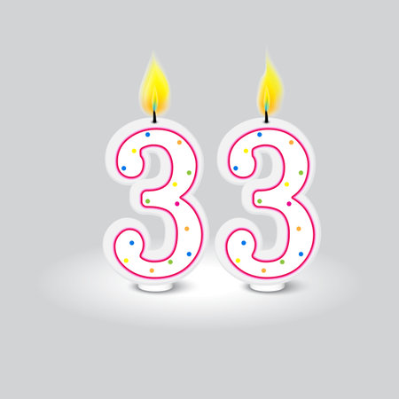 Celebratory 33rd birthday candle design. Brightly colored dots on white, dual flames. Vector illustration. EPS 10.のイラスト素材