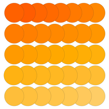 Orange Gradient Circles Vector. Warm hue transitions in circular shapes. Design color palette.のイラスト素材