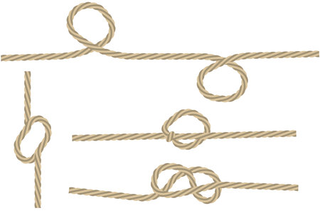 Vector rope knots. Nautical tying techniques. Beige twisted ropes. White background illustration.のイラスト素材