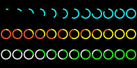 Colorful loading icons. Progress circle set. Various colors shown. Vector design.