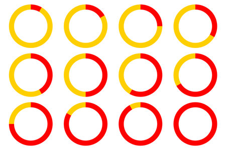 Set of circular progress bars in red and yellow. Different stages of progress shown in vector circles. Clean and simple design for various uses.のイラスト素材