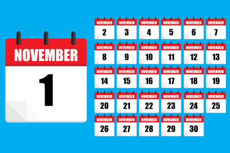 November calendar layout. Numbered dates. Vector icons. Blue background.のイラスト素材
