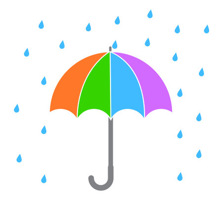 Colorful umbrella in rain. Multicolor canopy vector. Blue raindrops illustration. Weather protection symbol.のイラスト素材