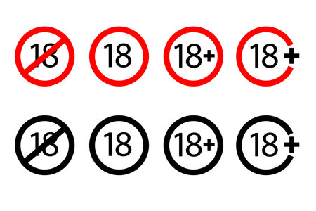 18 age restriction icons. Warning vector symbols. Red and black designs. Adult content indicators.のイラスト素材