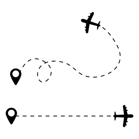 Airplane route icons. Flight path vector. Dotted travel lines. Black and white design.