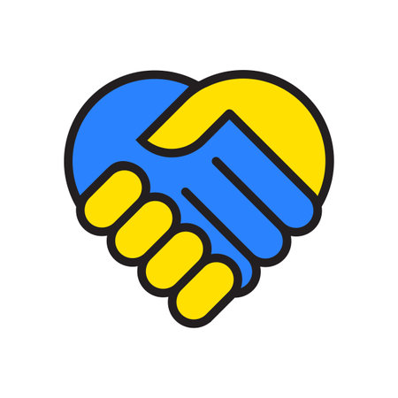 Colorful handshake heart. Unity symbol vector. Blue and yellow. Love and support.のイラスト素材