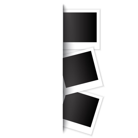 Photo stack illustration. Blank photo frames. Simple white borders. Overlapping black inserts.のイラスト素材