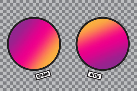 Gradient circles comparison. Color transition effect. Before and after text. Vector illustration.のイラスト素材