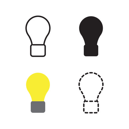 Light bulb icon set. Black and yellow bulbs. Outline and dashed shapes. Minimal vector style.のイラスト素材