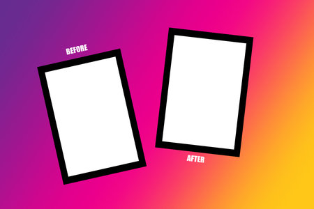 Before and after frames. Bold black borders. Gradient pink to yellow background. Minimalist...