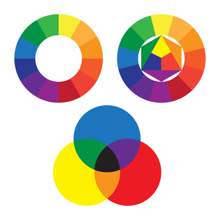 Color wheel set. Bright color spectrum. RGB and CMYK wheels. Overlapping shapes illustration.のイラスト素材