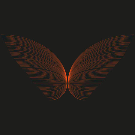 Abstract butterfly shape. Orange gradient lines. Symmetrical pattern design. Dark black background.のイラスト素材