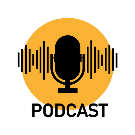 Podcast microphone icon. Audio broadcast symbol. Sound waves detail. Yellow background circle.のイラスト素材