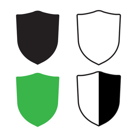 Shield icons set. Four color variations. Security and defense symbols. Vector illustration.のイラスト素材