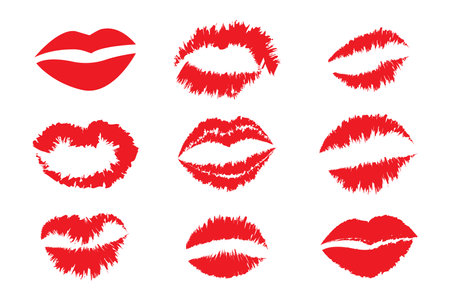 Lips prints. Red lipstick marks. Kiss shapes vector. Love symbol collection.のイラスト素材