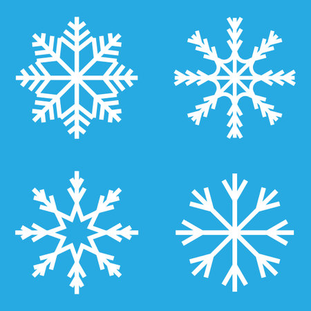 Snowflake set icon. White frosty symbols. Blue background vector. Winter decoration collection.のイラスト素材