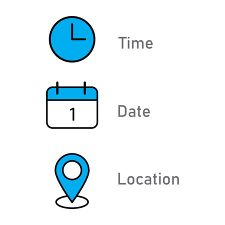 Time date icons. Blue location marker. Minimal vector elements. Simple calendar design.のイラスト素材